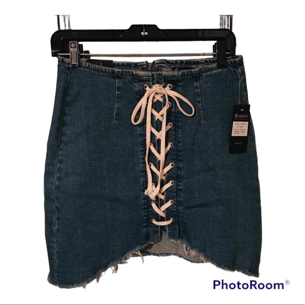 Lace - Up Denim Mini Skirt Raw - Hem Size (M) NWT
